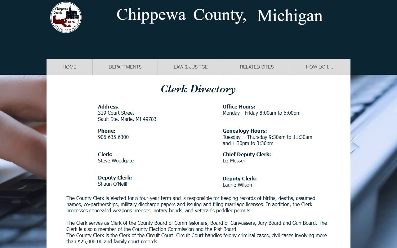 Chippewa County clerk of court directory and staff records page