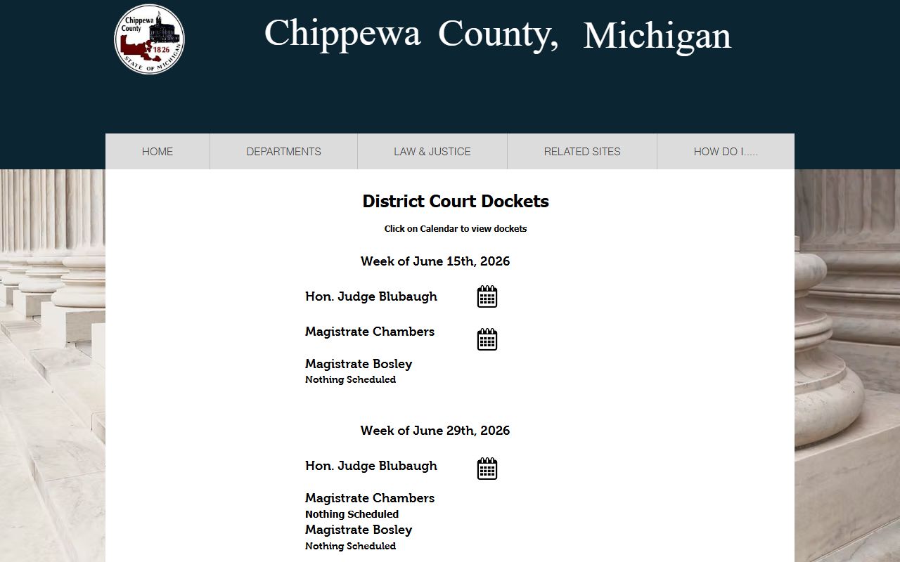91st District Court docket calendar page for Chippewa County court dockets