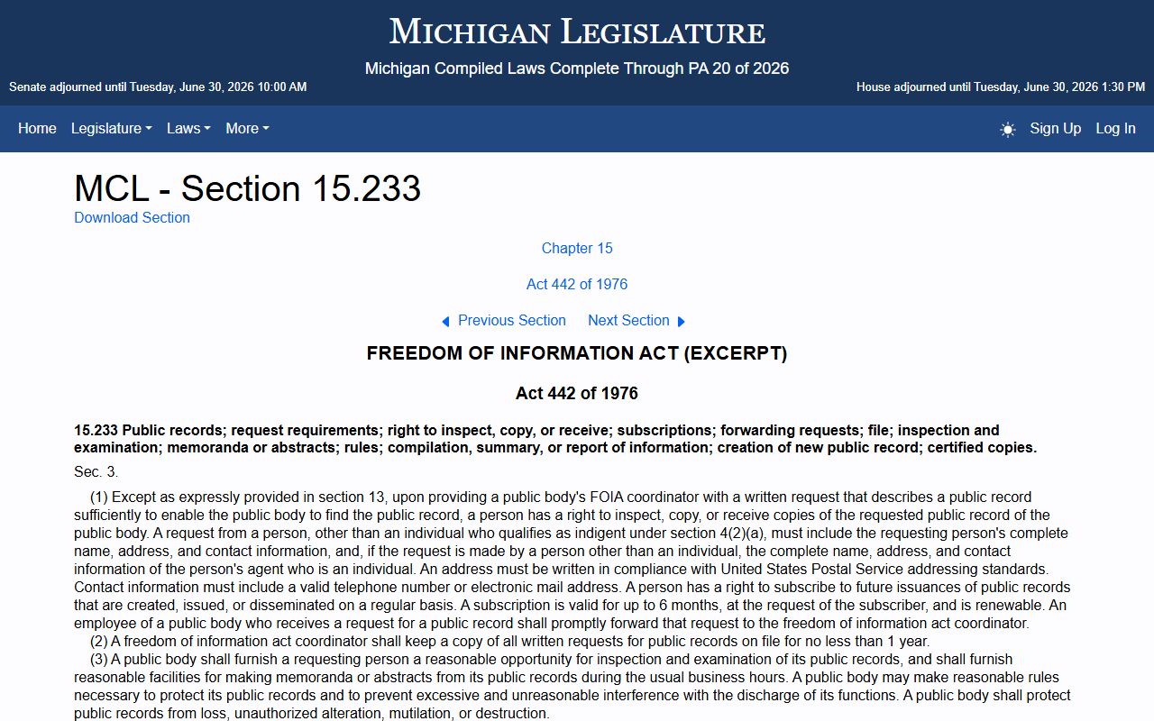 MCL 15.233 statute text behind open access to Chippewa County court dockets