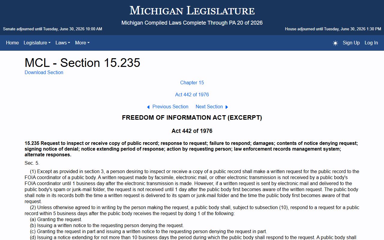 MCL 15.235 response-timing statute tied to Chippewa County court dockets access