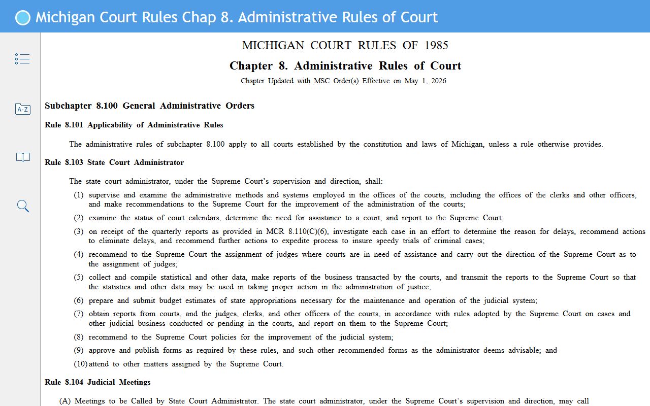 Michigan Court Rules Chapter 8 governing Chippewa County court dockets and case records