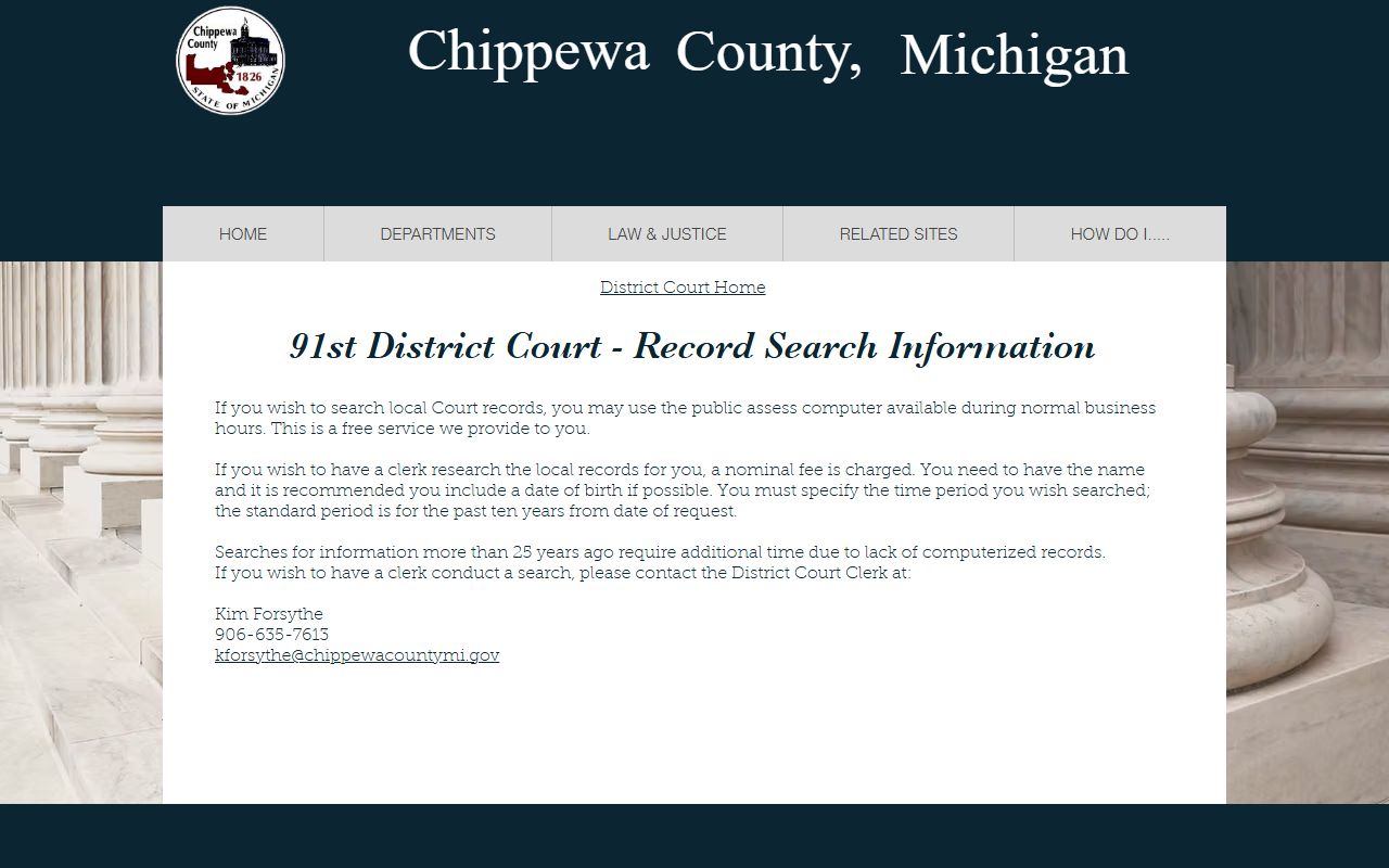 Chippewa County court records search page for the 91st District Court