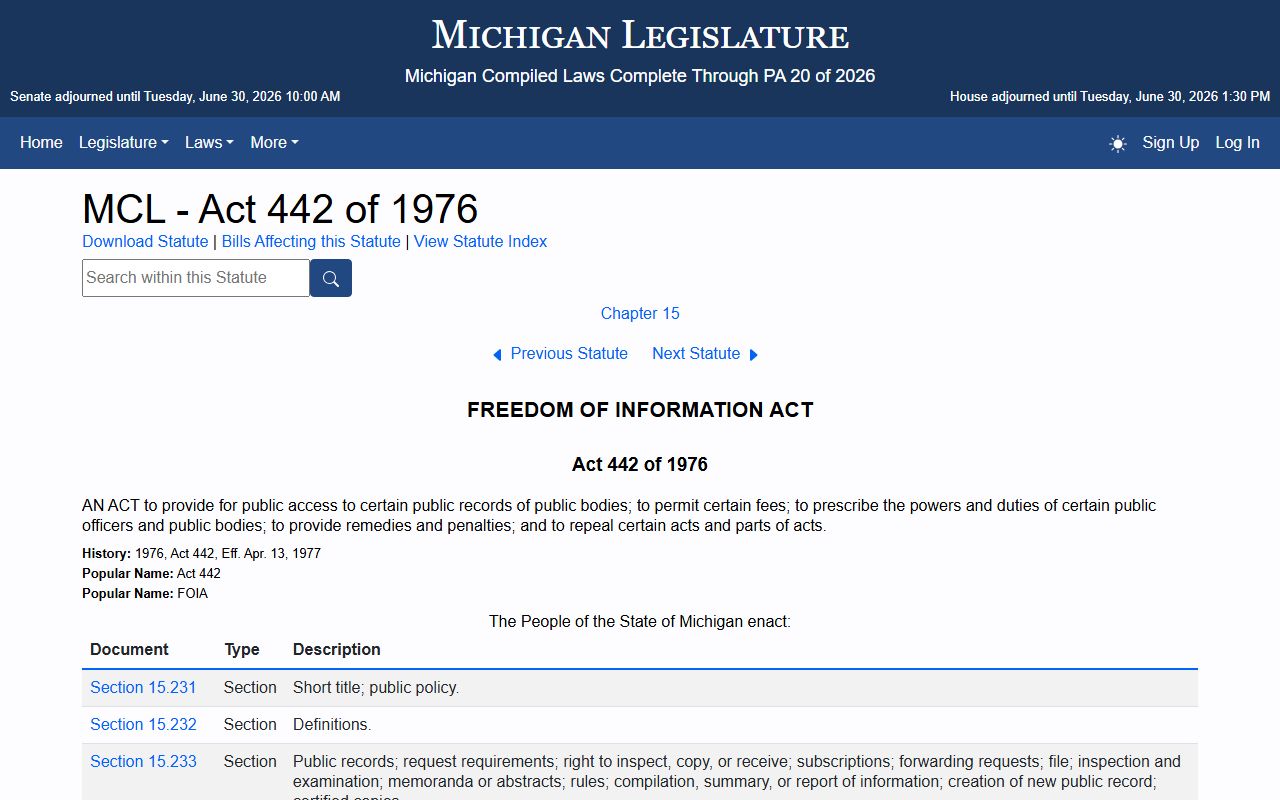 Michigan FOIA Act 442 statute governing Chippewa County court records access