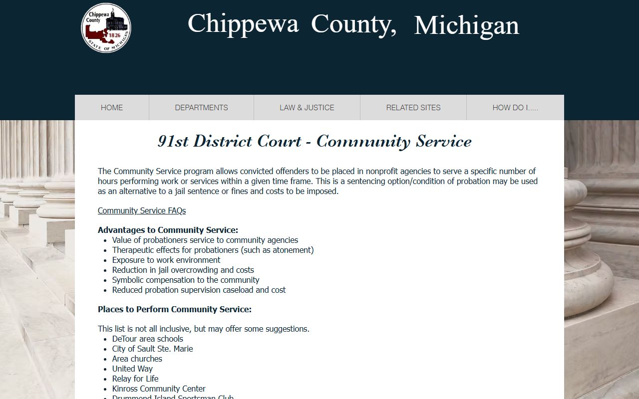 Chippewa County criminal court records community service sentencing at the 91st District Court