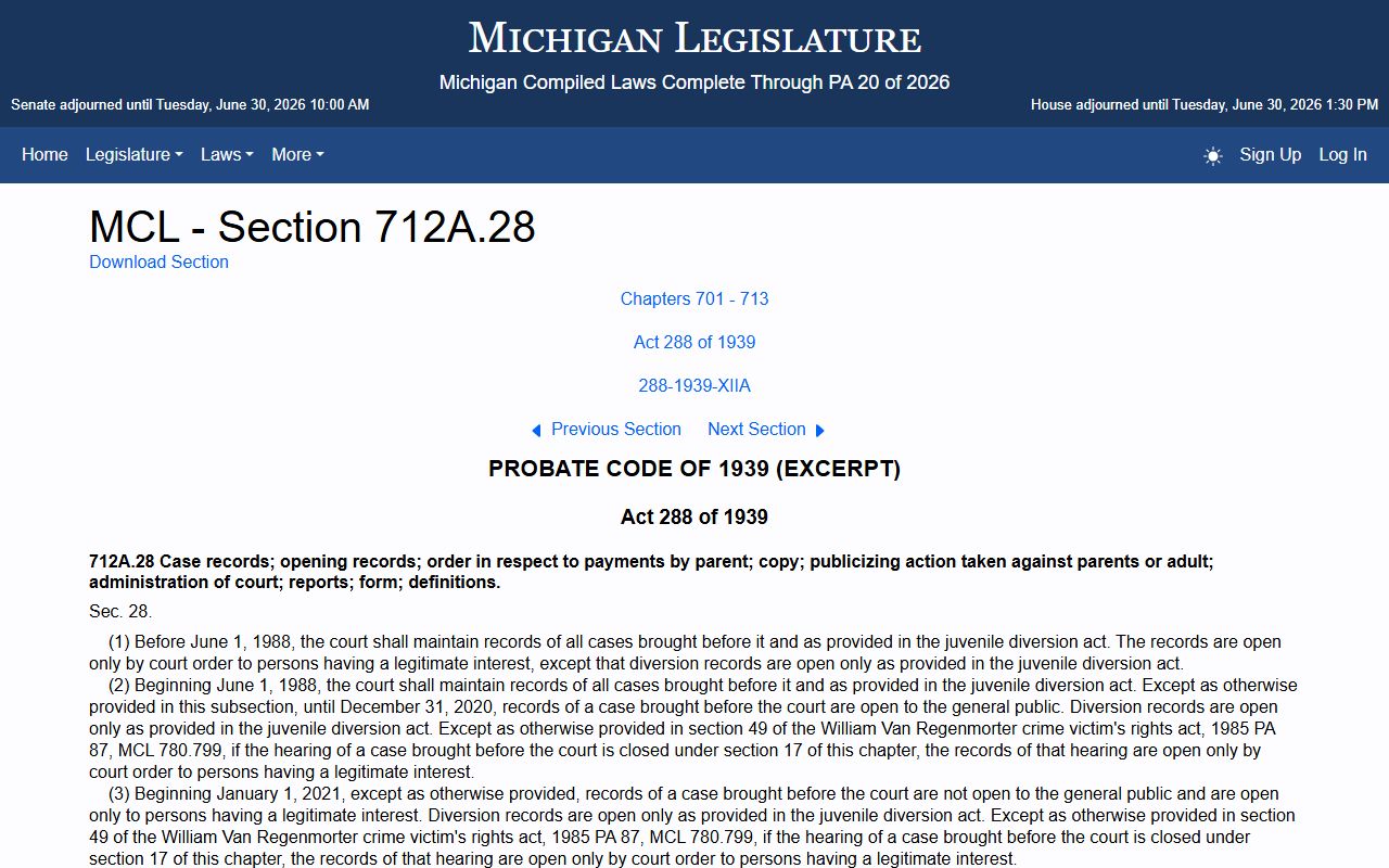 Chippewa County district court juvenile records statute MCL 712A.28