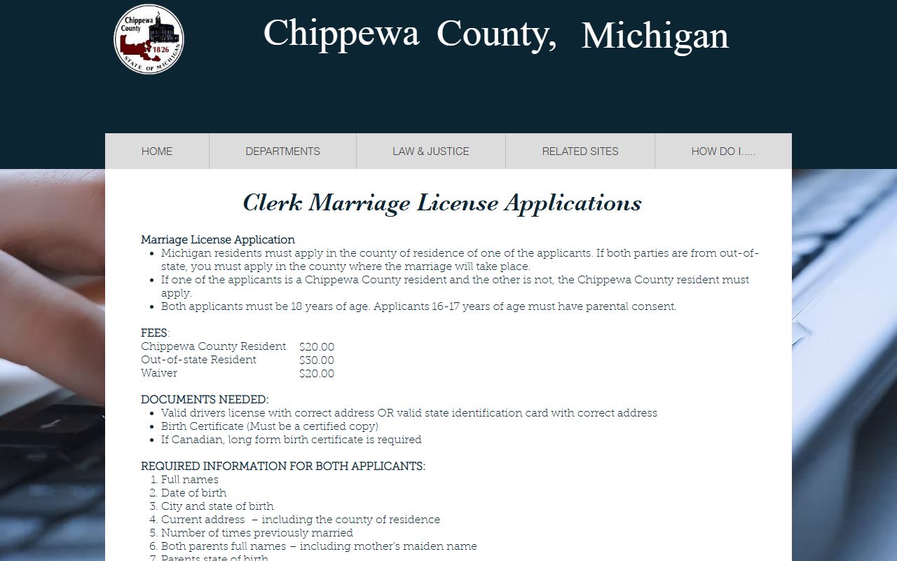 Chippewa County marriage records license application page from the County Clerk