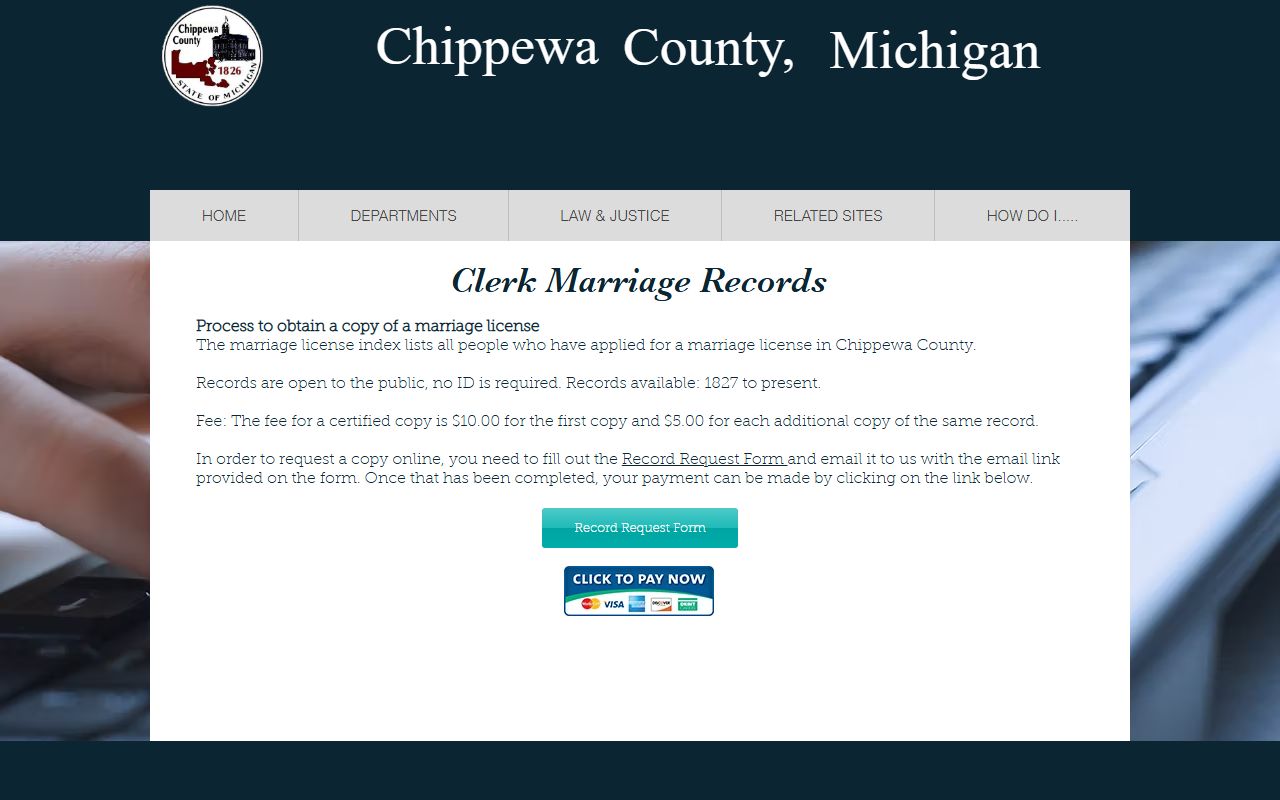 Chippewa County marriage records index page from the County Clerk