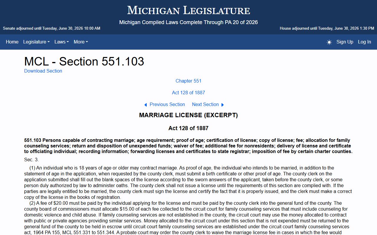 Chippewa County marriage records statute MCL 551.103 on the state legislature site