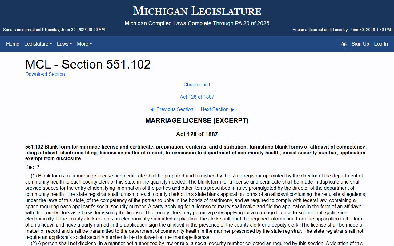 Chippewa County marriage records statute MCL 551.102 on the state legislature site