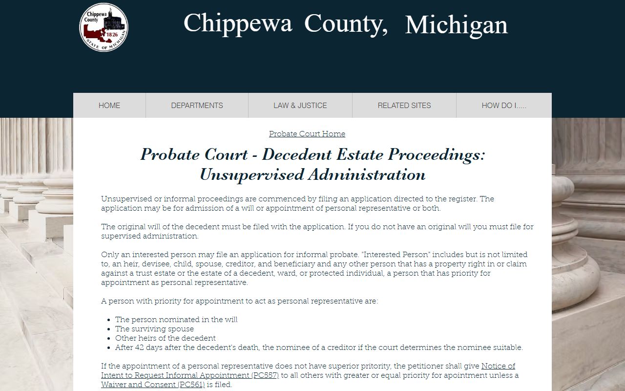 Chippewa County probate records unsupervised administration page