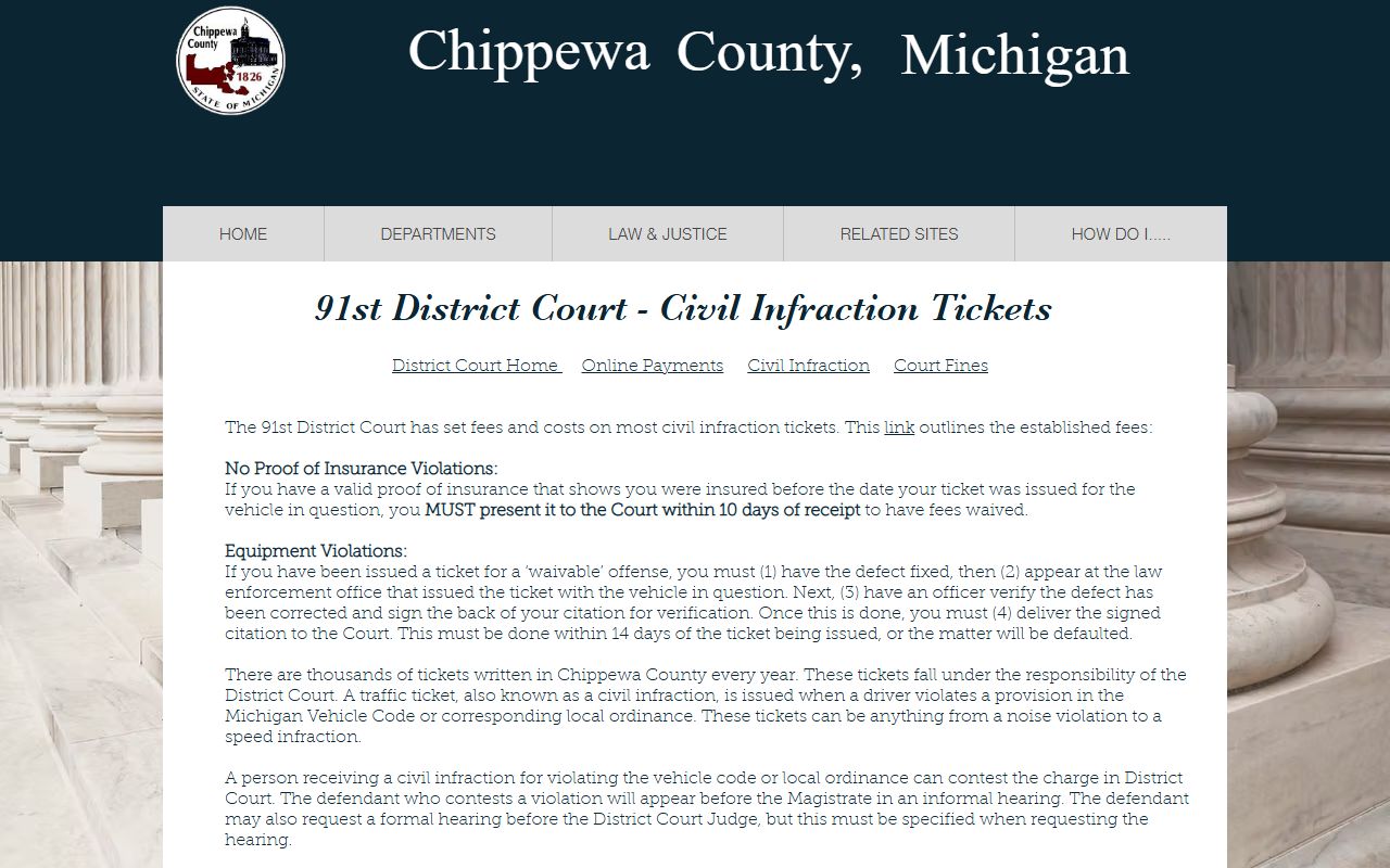 Chippewa County traffic court records civil infractions page at the 91st District Court