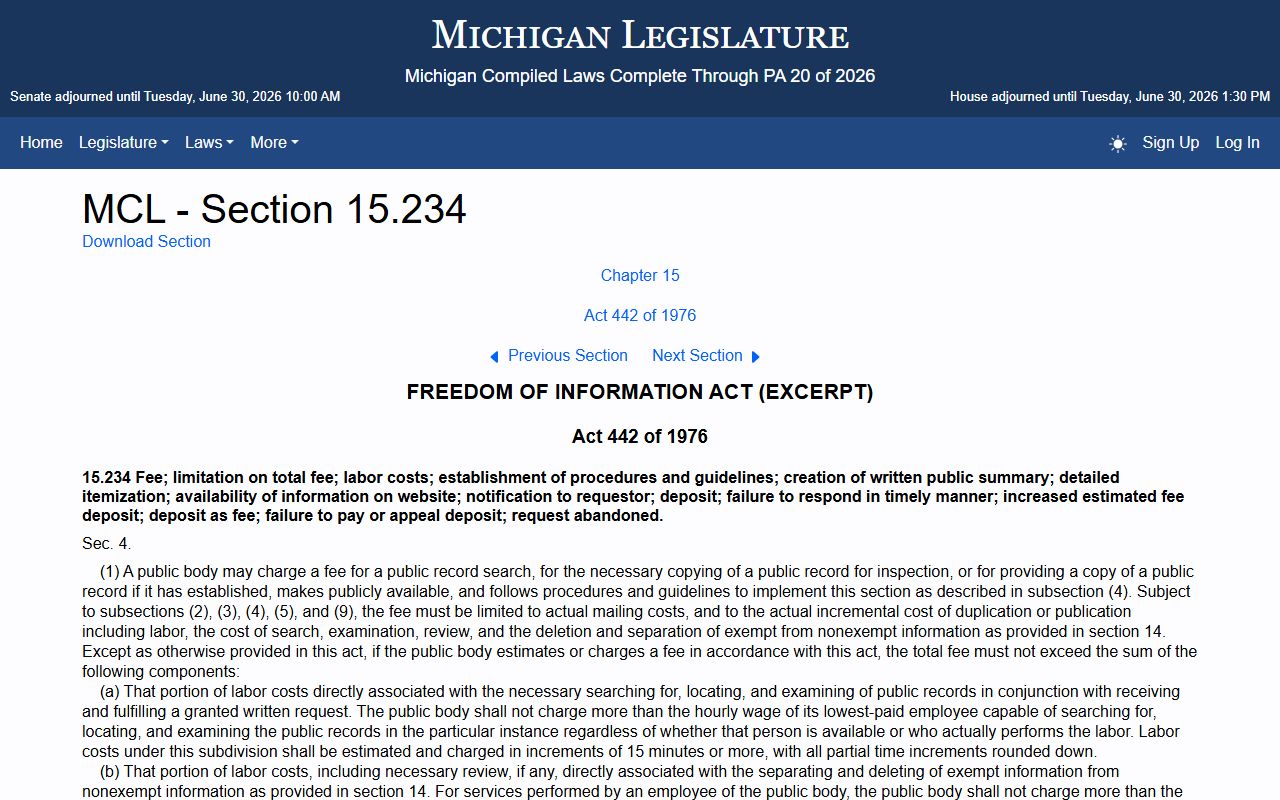 MCL 15.234 statute governing Chippewa County traffic court records access fees