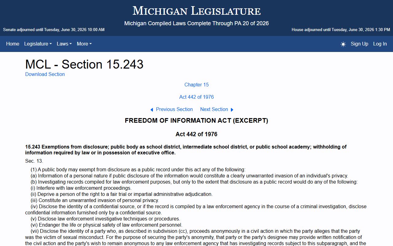 Chippewa County warrant records and MCL 15.243 public access exemptions