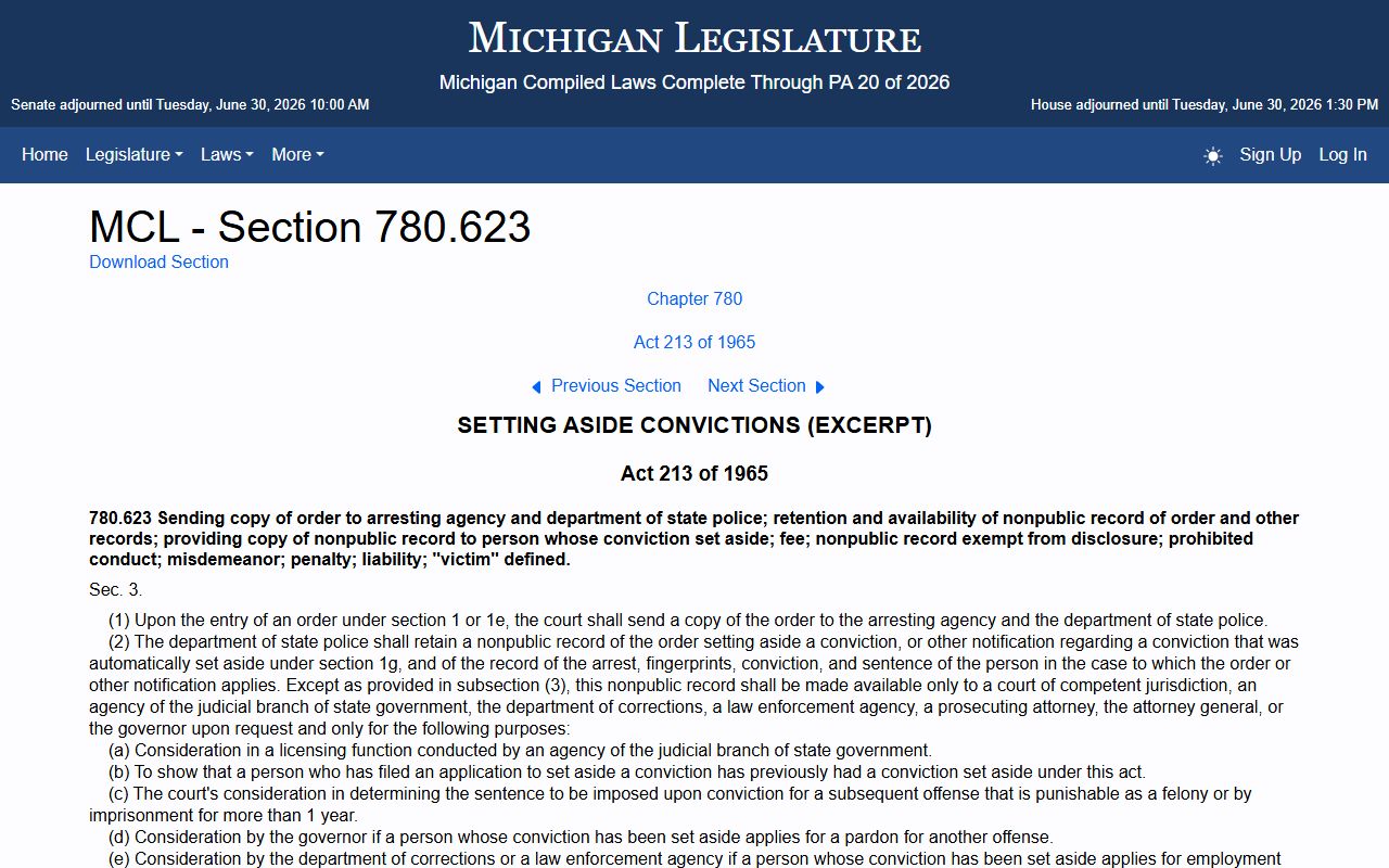 Chippewa County warrant records and MCL 780.623 nonpublic set-aside files